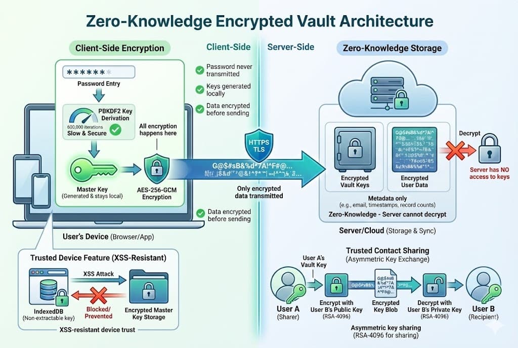 Security architecture diagram showing zero-knowledge encryption flow from user device to server